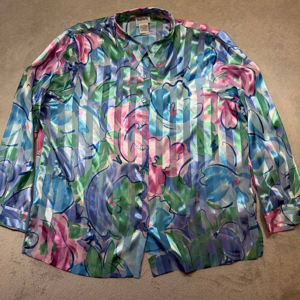 Vintage Abstract Floral Satin Stripe Button Down Blouse Blue Pink Green Large P